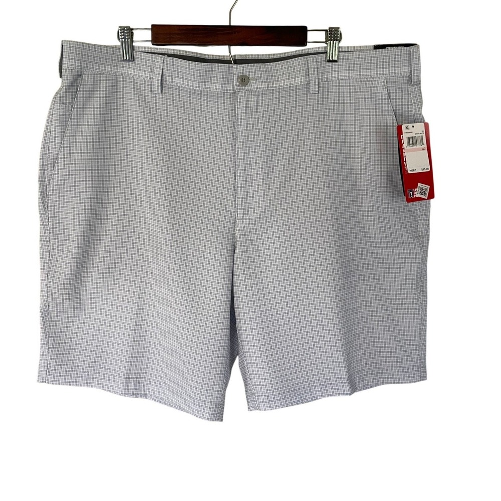 PGA TOUR Mens Golf Shorts 40 Grey Blue Plaid‎ Stretch Active Waistband New